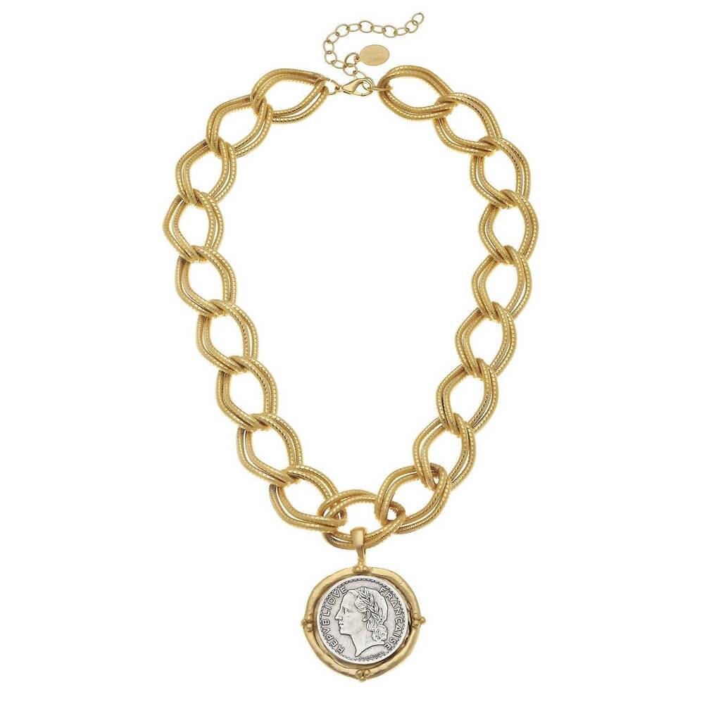 NEW SUSAN SHAW women's coin on chain necklace in gold/silver